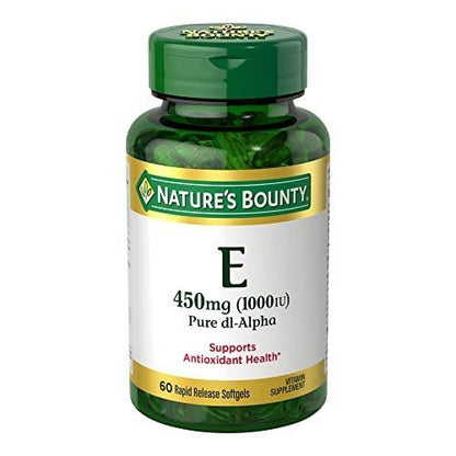 Nature's Bounty Vitamin E 1000 IE Weichkapseln – Unterstützt die antioxidative Gesundheit und das Immunsystem, 1 Portion pro Tag, glutenfrei, 60 Weichkapseln (1er Pack)