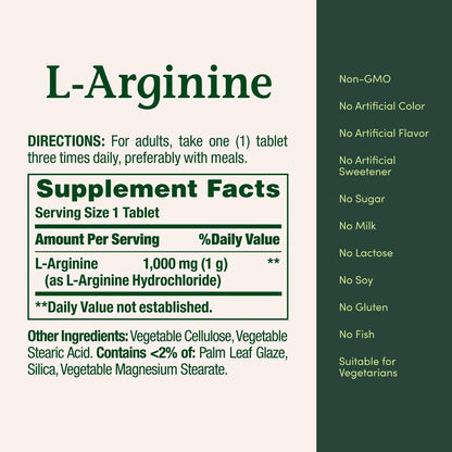 Nature’s Bounty L-Arginin 1000 mg – Unterstützt die Durchblutung und Gefäßfunktion – Nicht-GVO, glutenfrei, 50 Tabletten