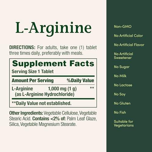 Nature’s Bounty L-Arginin 1000 mg – Unterstützt die Durchblutung und Gefäßfunktion – Nicht-GVO, glutenfrei, 50 Tabletten
