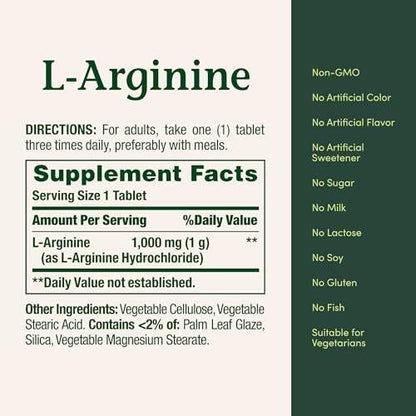 Nature’s Bounty L-Arginin 1000 mg – Unterstützt die Durchblutung und Gefäßfunktion – Nicht-GVO, glutenfrei, 50 Tabletten