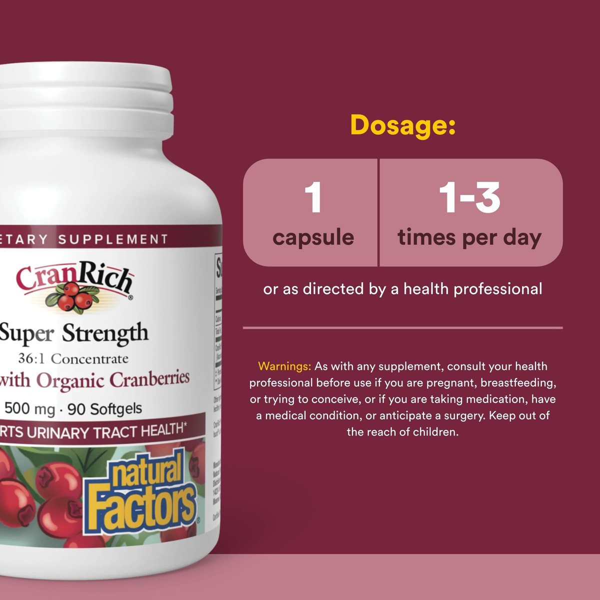 CranRich von Natural Factors – Hochkonzentrierter Cranberry-Extrakt, Antioxidans zur Unterstützung der Harnwege, Non-GMO, 90 Softgels (90 Portionen)