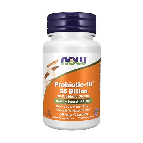 NOW Foods Probiotic-10™ 25 Milliarden, 10 Probiotische Stämme, Milch-, Soja- und Glutenfrei, Stammgeprüft, 50 Veg-Kapseln