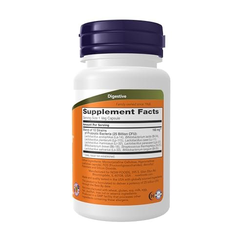 NOW Foods Probiotic-10™ 25 Milliarden, 10 Probiotische Stämme, Milch-, Soja- und Glutenfrei, Stammgeprüft, 50 Veg-Kapseln