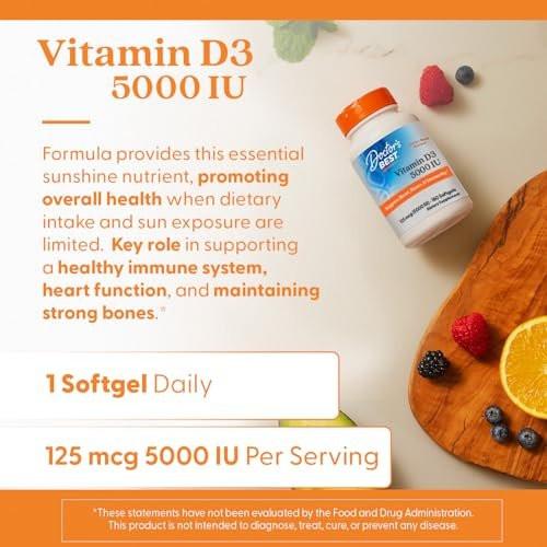 Doctor's Best Vitamin D3 5000 IE – 180 Kapseln, Non-GMO, glutenfrei & sojafrei, unterstützt Immunsystem & Knochengesundheit