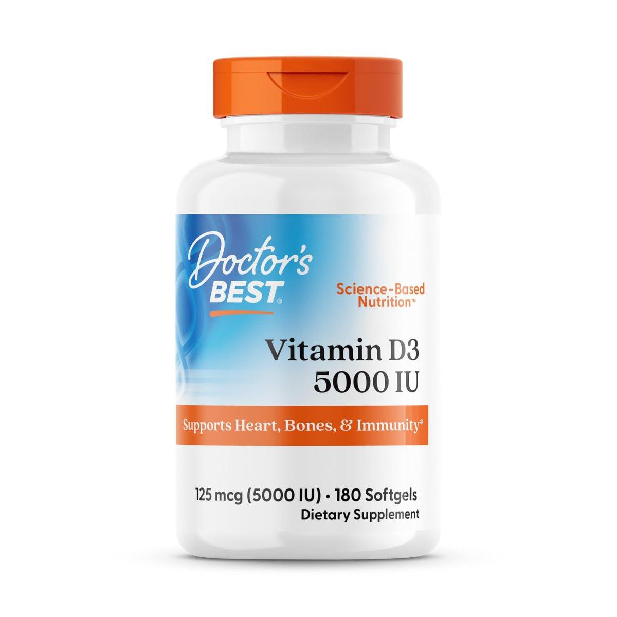 Doctor's Best Vitamin D3 5000 IE – 180 Kapseln, Non-GMO, glutenfrei & sojafrei, unterstützt Immunsystem & Knochengesundheit