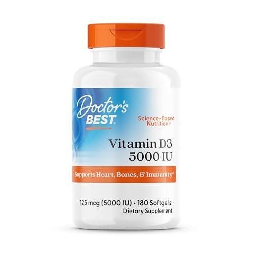 Doctor's Best Vitamin D3 5000 IE – 180 Kapseln, Non-GMO, glutenfrei & sojafrei, unterstützt Immunsystem & Knochengesundheit