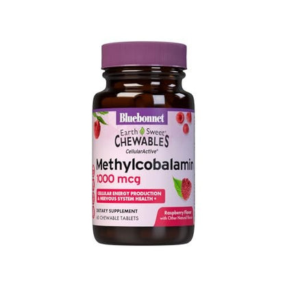 Bluebonnet EarthSweet Methylcobalamin 1.000 mcg – Aktive Coenzym-Form von Vitamin B12 zur Unterstützung von Energie und Stoffwechsel – Vegan, Glutenfrei – Himbeergeschmack – 60 Kautabletten
