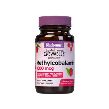 Bluebonnet EarthSweet Methylcobalamin 1.000 mcg – Aktive Coenzym-Form von Vitamin B12 zur Unterstützung von Energie und Stoffwechsel – Vegan, Glutenfrei – Himbeergeschmack – 60 Kautabletten