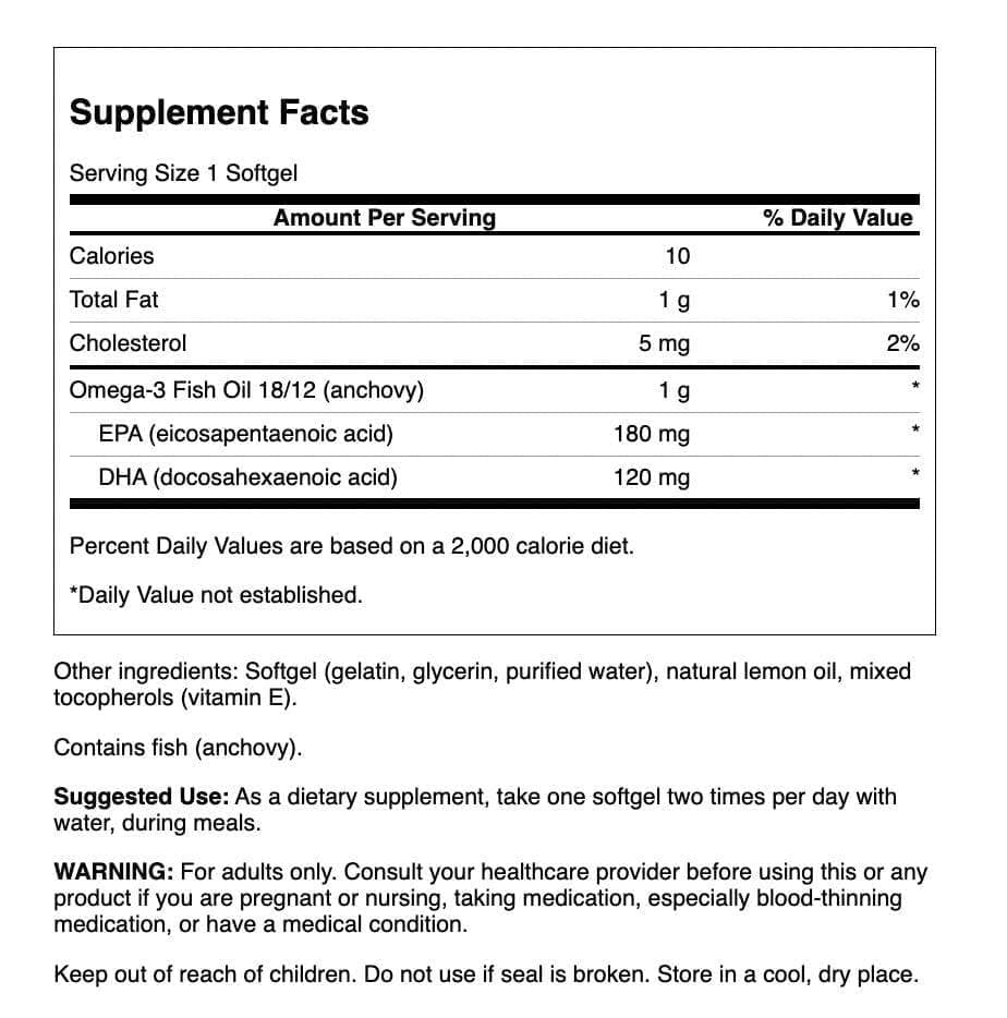 Swanson Omega-3 Fischöl für Herz, Gehirn und Gelenke – Zitronengeschmack – 180 mg EPA + 120 mg DHA (150 Weichkapseln)