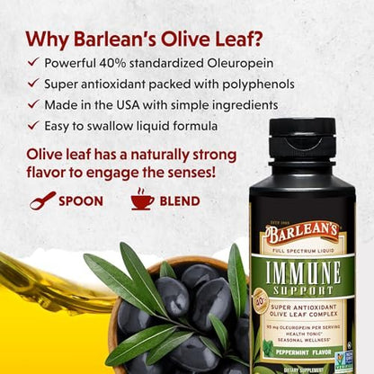 Barlean's Pfefferminz-Olivenblatt-Komplex – Flüssiges Immunsystem-Supplement mit 95 mg Oleuropein-Antioxidantien, 240 ml