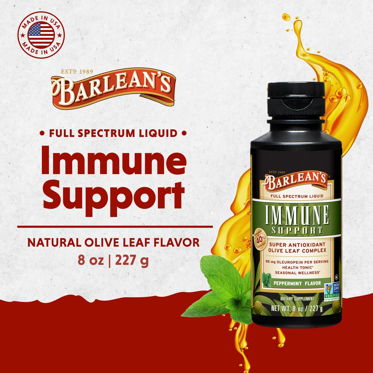 Barlean's Pfefferminz-Olivenblatt-Komplex – Flüssiges Immunsystem-Supplement mit 95 mg Oleuropein-Antioxidantien, 240 ml