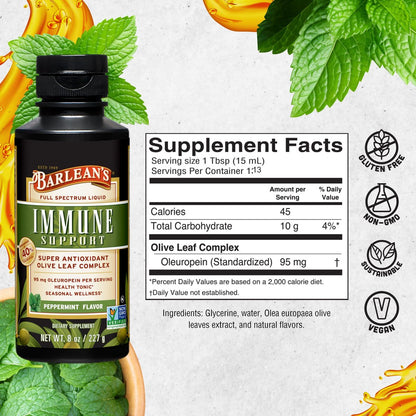 Barlean's Pfefferminz-Olivenblatt-Komplex – Flüssiges Immunsystem-Supplement mit 95 mg Oleuropein-Antioxidantien, 240 ml