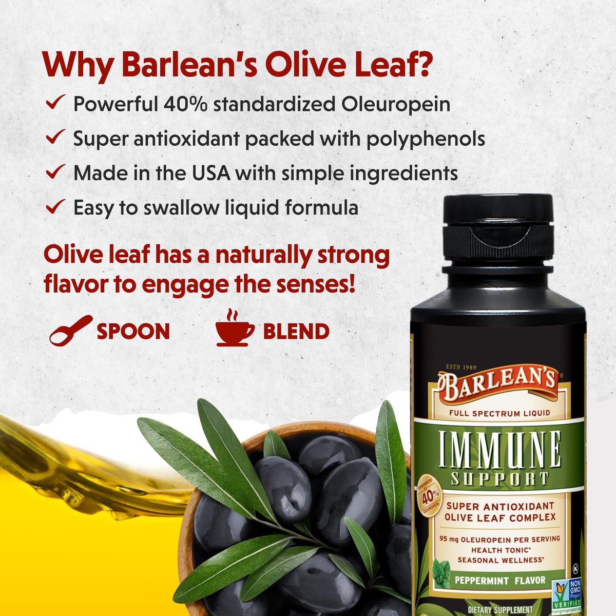 Barlean's Pfefferminz-Olivenblatt-Komplex – Flüssiges Immunsystem-Supplement mit 95 mg Oleuropein-Antioxidantien, 240 ml
