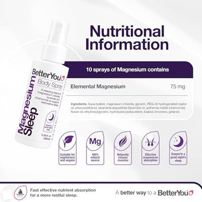 BetterYou Magnesium Muscle Body Spray – Entspannendes Topisches Magnesium & Ätherische Öle Spray – Lavendel & Kamille – Fördert Besseren Schlaf – 100 ml