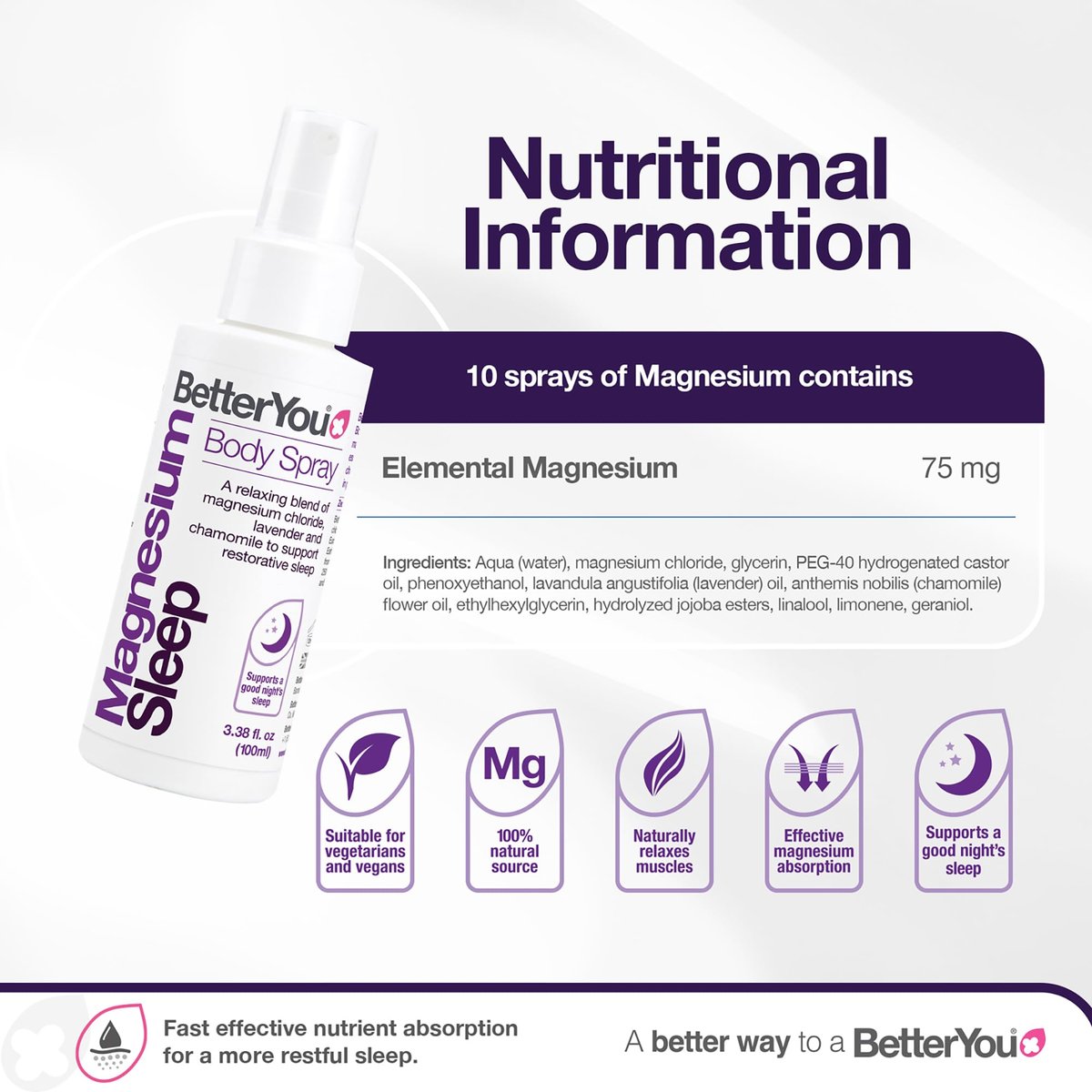 BetterYou Magnesium Muscle Body Spray – Entspannendes Topisches Magnesium & Ätherische Öle Spray – Lavendel & Kamille – Fördert Besseren Schlaf – 100 ml