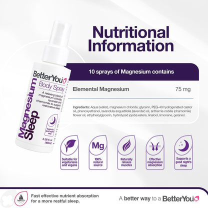 BetterYou Magnesium Muscle Body Spray – Entspannendes Topisches Magnesium & Ätherische Öle Spray – Lavendel & Kamille – Fördert Besseren Schlaf – 100 ml