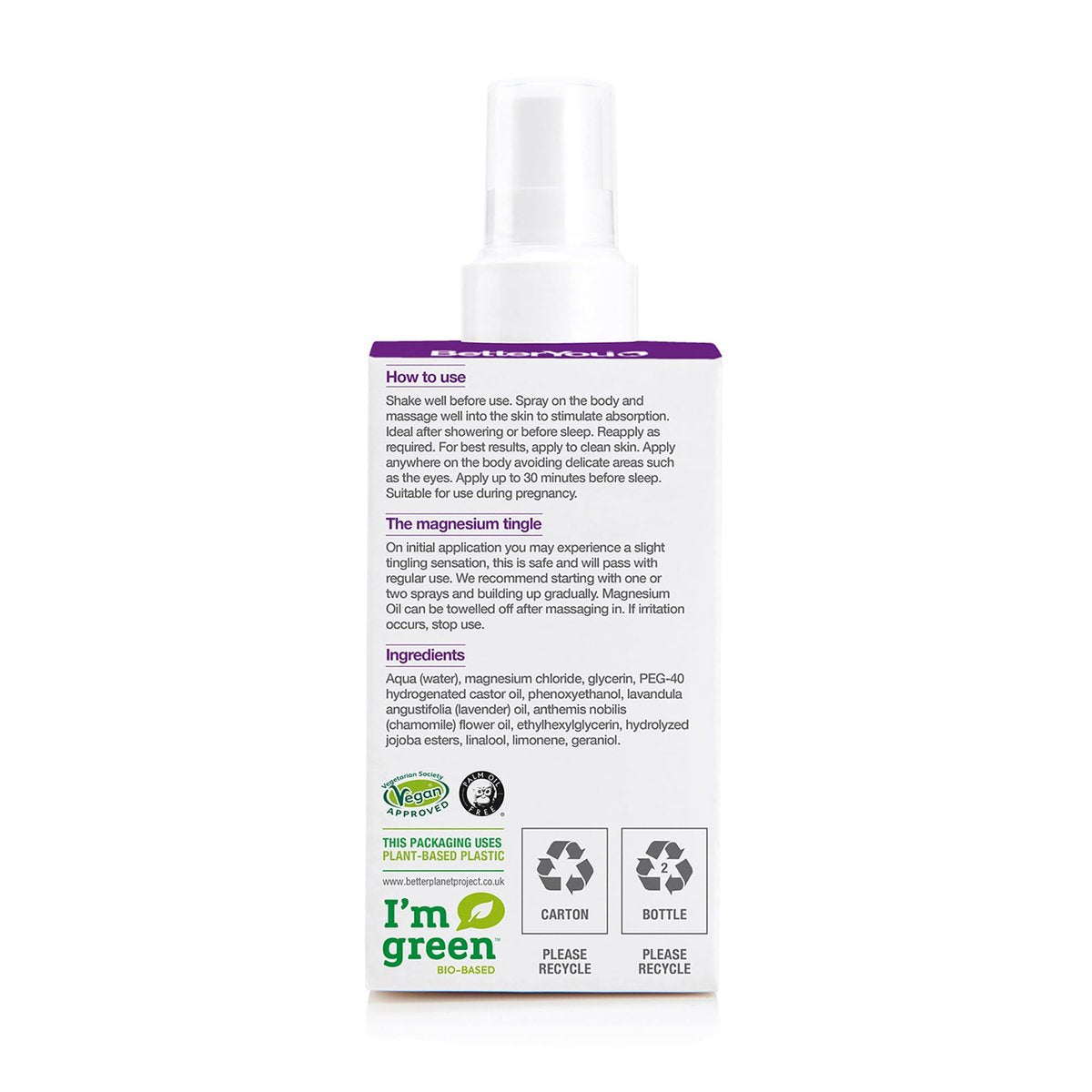 BetterYou Magnesium Muscle Body Spray – Entspannendes Topisches Magnesium & Ätherische Öle Spray – Lavendel & Kamille – Fördert Besseren Schlaf – 100 ml