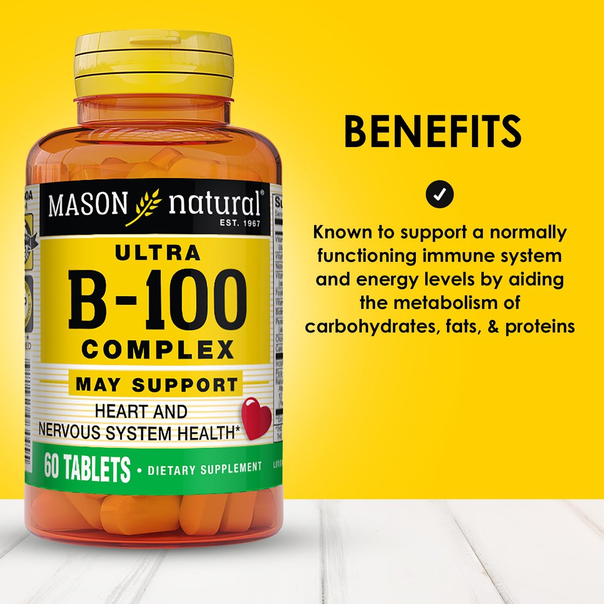 MASON NATURAL Ultra B-100 Komplex – 100 Kapseln, Tagesvorrat für normale Immununterstützung und Energiestoffwechsel