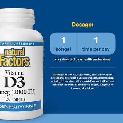 Natural Factors Vitamin D3 2000 IE (50 µg) – 120 Softgels für starke Knochen, Muskeln und Immunsystem