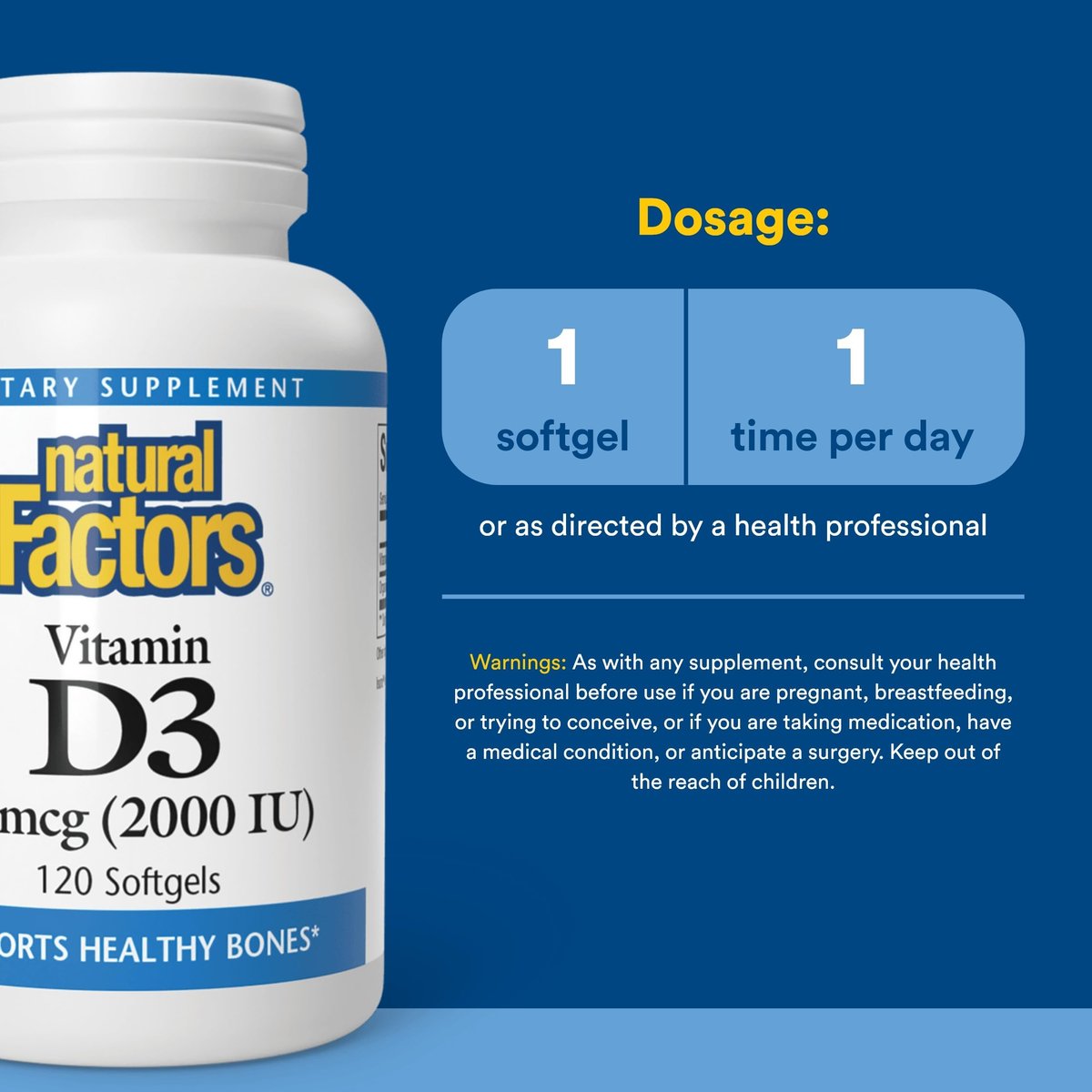 Natural Factors Vitamin D3 2000 IE (50 µg) – 120 Softgels für starke Knochen, Muskeln und Immunsystem