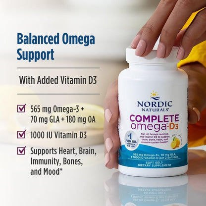 Nordic Naturals Complete Omega-D3, Zitronengeschmack - 60 Weichkapseln - 565 mg Omega-3 + 70 mg GLA + 1000 IE Vitamin D3 - EPA & DHA - Für gesunde Haut, Kognition & positive Stimmung - Non-GMO - 30 Portionen
