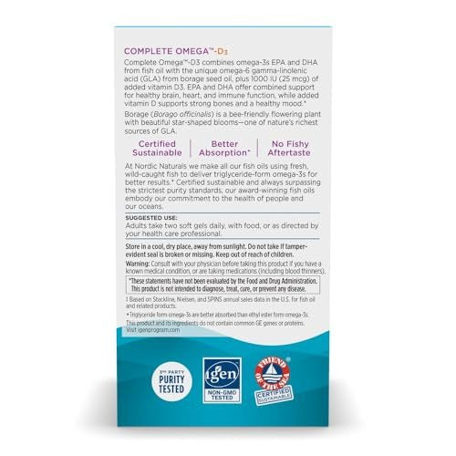 Nordic Naturals Complete Omega-D3, Zitronengeschmack - 60 Weichkapseln - 565 mg Omega-3 + 70 mg GLA + 1000 IE Vitamin D3 - EPA & DHA - Für gesunde Haut, Kognition & positive Stimmung - Non-GMO - 30 Portionen