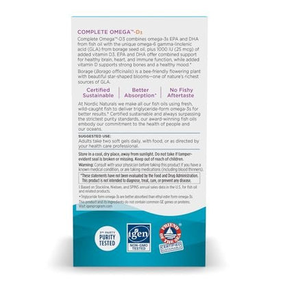 Nordic Naturals Complete Omega-D3, Zitronengeschmack - 60 Weichkapseln - 565 mg Omega-3 + 70 mg GLA + 1000 IE Vitamin D3 - EPA & DHA - Für gesunde Haut, Kognition & positive Stimmung - Non-GMO - 30 Portionen