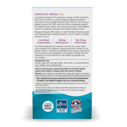 Nordic Naturals Complete Omega-D3, Zitronengeschmack - 60 Weichkapseln - 565 mg Omega-3 + 70 mg GLA + 1000 IE Vitamin D3 - EPA & DHA - Für gesunde Haut, Kognition & positive Stimmung - Non-GMO - 30 Portionen