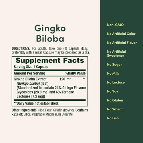 Nature's Bounty Ginkgo Biloba 60 mg – 200 Kapseln zur Unterstützung der Gehirnfunktion, pflanzliches Nahrungsergänzungsmittel