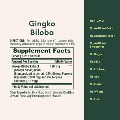 Nature's Bounty Ginkgo Biloba 60 mg – 200 Kapseln zur Unterstützung der Gehirnfunktion, pflanzliches Nahrungsergänzungsmittel