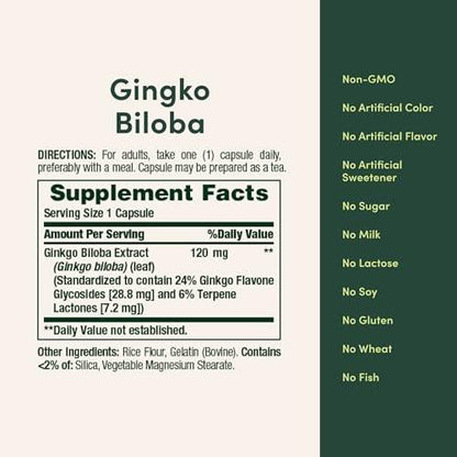 Nature's Bounty Ginkgo Biloba Kapseln 120 mg – Gedächtnisunterstützung, fördert Gehirnfunktion und geistige Wachsamkeit, 100 Kapseln