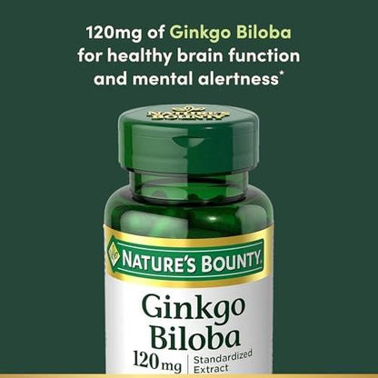 Nature's Bounty Ginkgo Biloba Kapseln 120 mg – Gedächtnisunterstützung, fördert Gehirnfunktion und geistige Wachsamkeit, 100 Kapseln