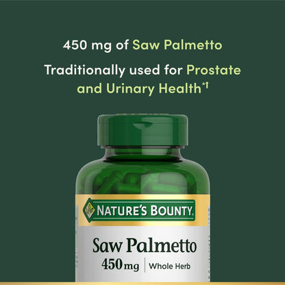 Nature's Bounty Sägepalme – Unterstützung für Prostata- und Harngesundheit, pflanzliches Nahrungsergänzungsmittel, 450 mg, 250 Kapseln