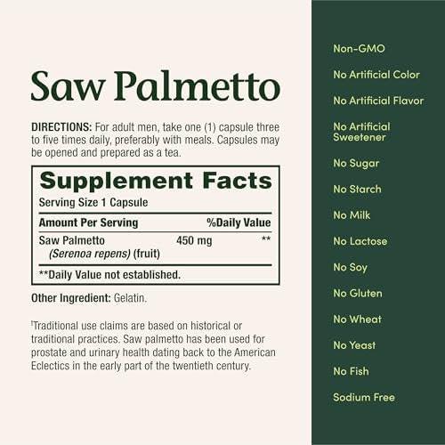 Nature's Bounty Sägepalme – Unterstützung für Prostata- und Harngesundheit, pflanzliches Nahrungsergänzungsmittel, 450 mg, 250 Kapseln