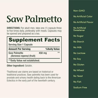 Nature's Bounty Sägepalme – Unterstützung für Prostata- und Harngesundheit, pflanzliches Nahrungsergänzungsmittel, 450 mg, 250 Kapseln