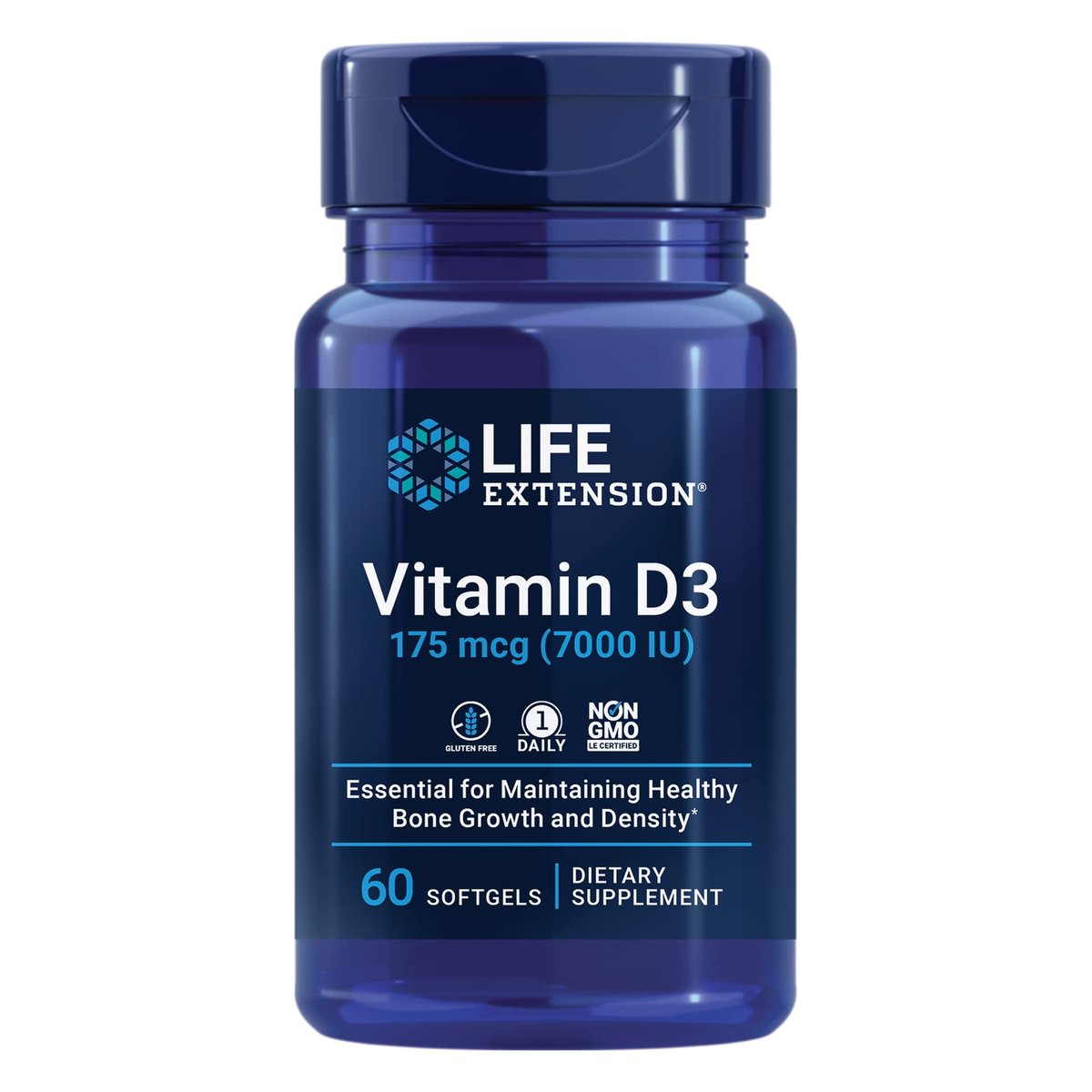 Life Extension Vitamin D3 175 mcg (7000 IE) – Immunsystem, Knochengesundheit, Gehirnleistung, glutenfrei, nicht-GVO, einmal täglich, 60 Softgels (2 Monate Vorrat)
