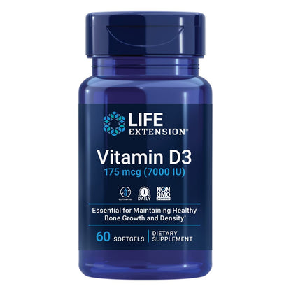 Life Extension Vitamin D3 175 mcg (7000 IE) – Immunsystem, Knochengesundheit, Gehirnleistung, glutenfrei, nicht-GVO, einmal täglich, 60 Softgels (2 Monate Vorrat)