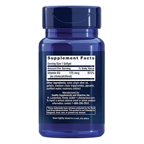 Life Extension Vitamin D3 175 mcg (7000 IE) – Immunsystem, Knochengesundheit, Gehirnleistung, glutenfrei, nicht-GVO, einmal täglich, 60 Softgels (2 Monate Vorrat)