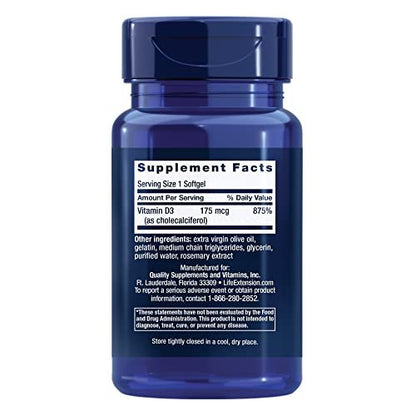 Life Extension Vitamin D3 175 mcg (7000 IE) – Immunsystem, Knochengesundheit, Gehirnleistung, glutenfrei, nicht-GVO, einmal täglich, 60 Softgels (2 Monate Vorrat)