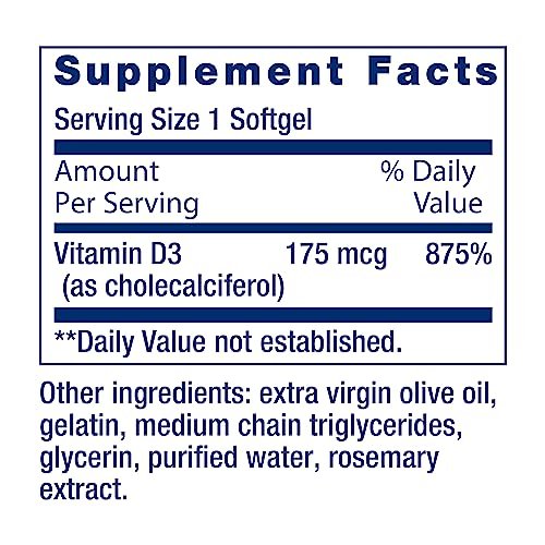 Life Extension Vitamin D3 175 mcg (7000 IE) – Immunsystem, Knochengesundheit, Gehirnleistung, glutenfrei, nicht-GVO, einmal täglich, 60 Softgels (2 Monate Vorrat)
