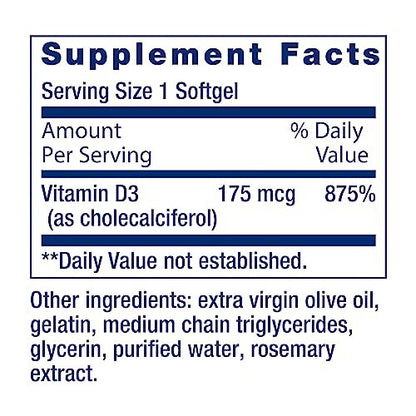 Life Extension Vitamin D3 175 mcg (7000 IE) – Immunsystem, Knochengesundheit, Gehirnleistung, glutenfrei, nicht-GVO, einmal täglich, 60 Softgels (2 Monate Vorrat)