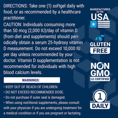 Life Extension Vitamin D3 175 mcg (7000 IE) – Immunsystem, Knochengesundheit, Gehirnleistung, glutenfrei, nicht-GVO, einmal täglich, 60 Softgels (2 Monate Vorrat)