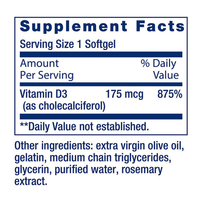 Life Extension Vitamin D3 175 mcg (7000 IE) – Immunsystem, Knochengesundheit, Gehirnleistung, glutenfrei, nicht-GVO, einmal täglich, 60 Softgels (2 Monate Vorrat)