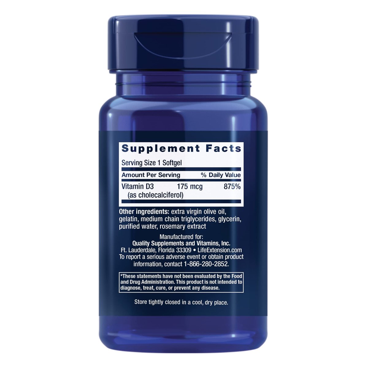 Life Extension Vitamin D3 175 mcg (7000 IE) – Immunsystem, Knochengesundheit, Gehirnleistung, glutenfrei, nicht-GVO, einmal täglich, 60 Softgels (2 Monate Vorrat)