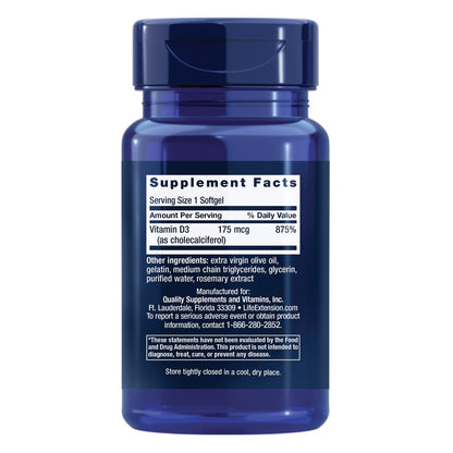 Life Extension Vitamin D3 175 mcg (7000 IE) – Immunsystem, Knochengesundheit, Gehirnleistung, glutenfrei, nicht-GVO, einmal täglich, 60 Softgels (2 Monate Vorrat)