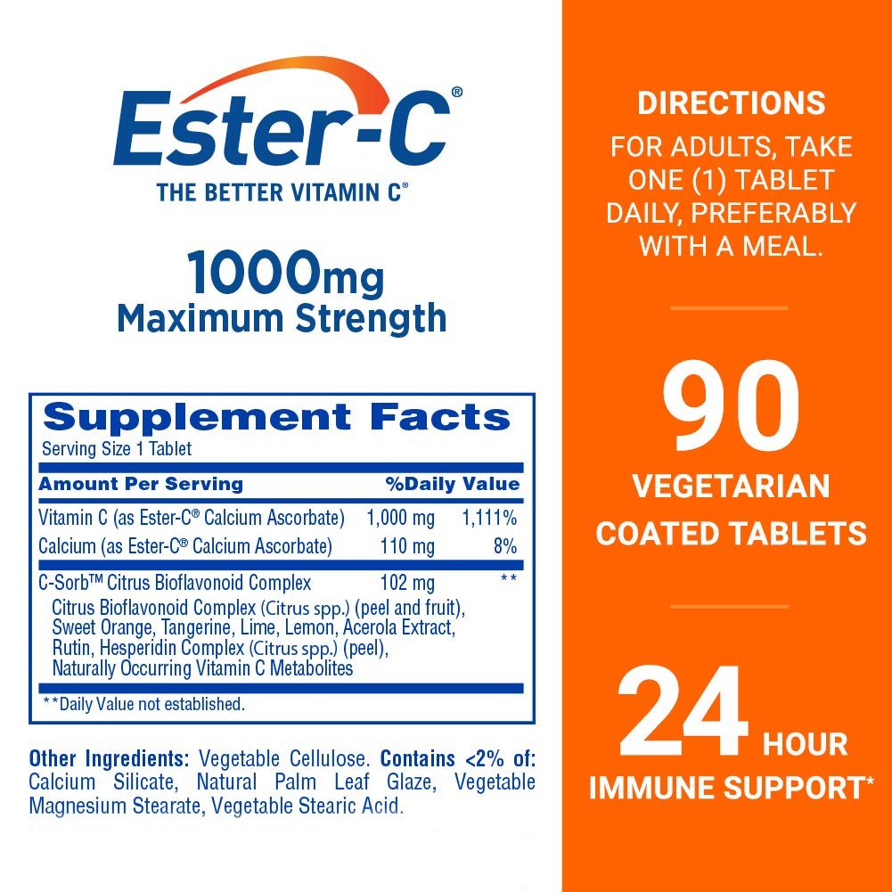 Ester-C Vitamin C 1.000 mg – 90 beschichtete Tabletten, hochdosiert & magenschonend