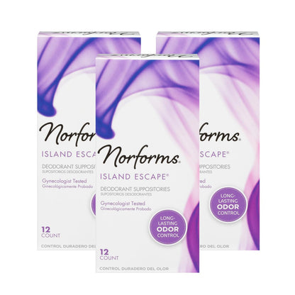 Norforms Feminine Deodorant Suppositorien, Sanfter pH-ausgeglichener Vaginalgeruchskontrolle, Island Escape Duft, 12 Stück, Packung mit 3