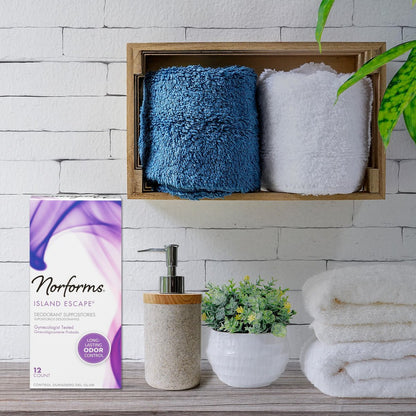 Norforms Feminine Deodorant Suppositorien, Sanfter pH-ausgeglichener Vaginalgeruchskontrolle, Island Escape Duft, 12 Stück, Packung mit 3