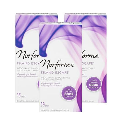 Norforms Feminine Deodorant Suppositorien, Sanfter pH-ausgeglichener Vaginalgeruchskontrolle, Island Escape Duft, 12 Stück, Packung mit 3