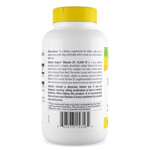 Healthy Origins Vitamin D3 10.000 IE (250 mcg) – 360 flüssige Softgels – Hochpotentes Sonnenvitamin – Unterstützt starke Knochen, gesunde Zähne und Immunsystem